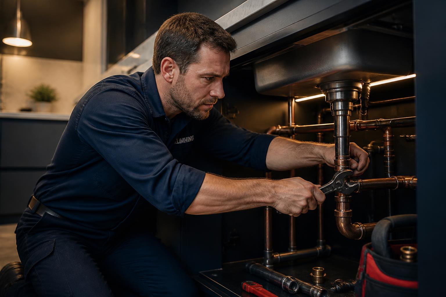 MK Plumbing technician repairing copper pipes under a kitchen sink